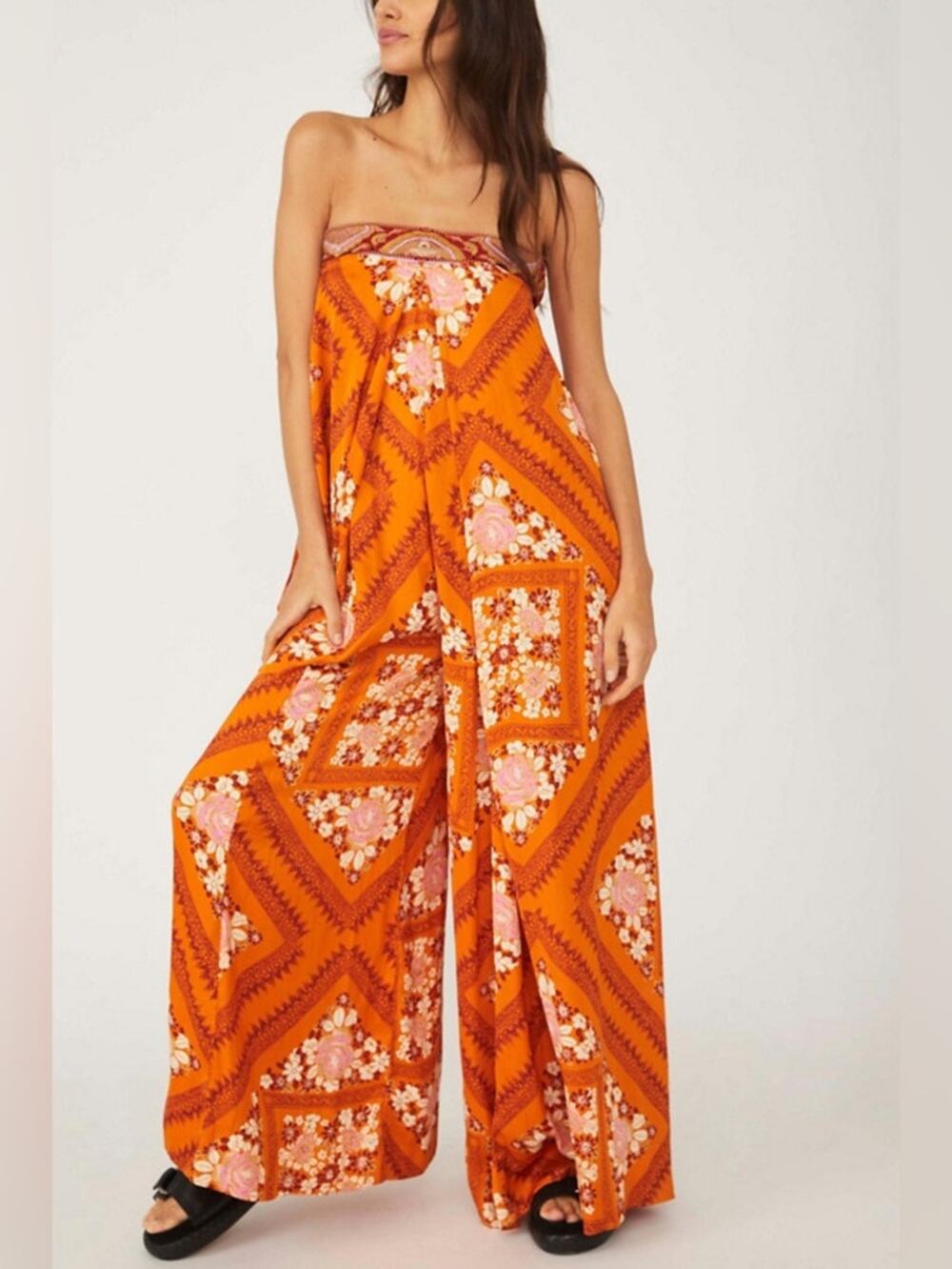 Free People “Serendipity” Orange Palazzo Wide Leg Boho 70’s Jumpsuit - Size XS